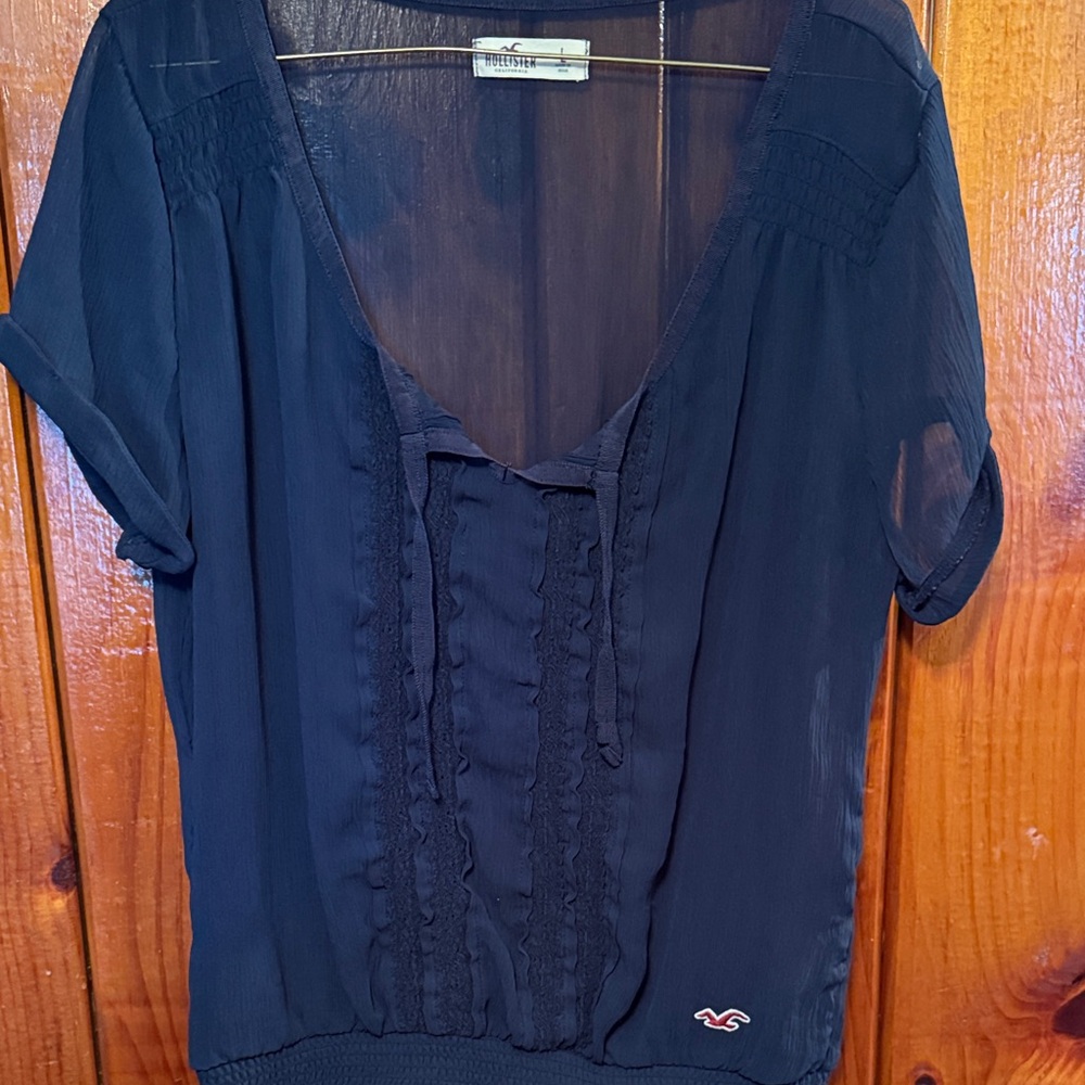 Hollister Deep Blue Sheer Blouse with Ruffle Detail